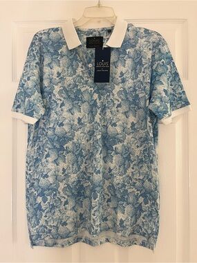 Louis Philippe Blue Floral Polo with White Contrast Collar